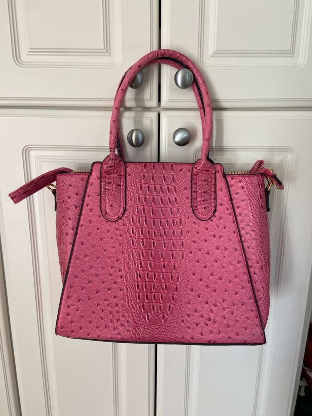Structured Pink Crocodile-Textured Faux Leather Satchel Handbag
